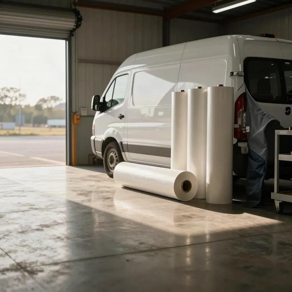 Blank white van flank and vinyl rolls in a sunlit industrial bay, reflections on polished concrete.