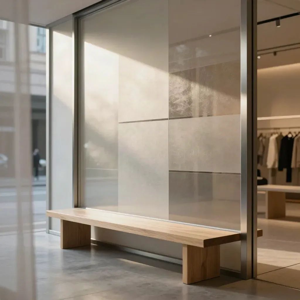 Sunlit storefront interior with frosted glass, pale oak bench, and calm concrete floor