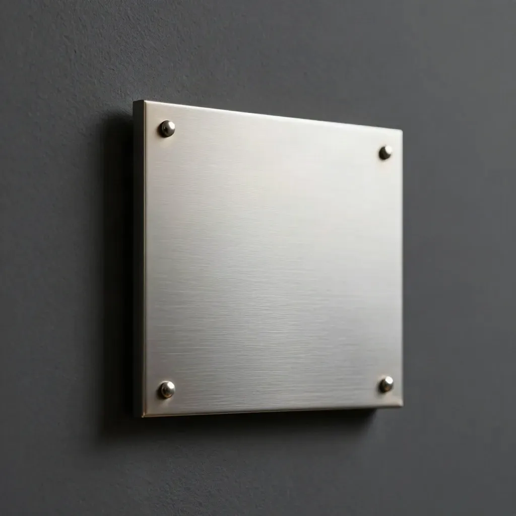 Blank silver lobby plaque with stand-off mounts and a crisp shadow on a dark wall