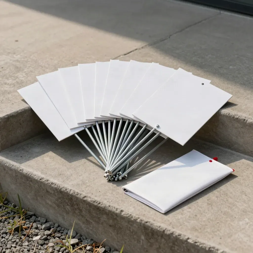 Blank yard sign pack with stakes and sleeve on concrete, softly lit outdoors.