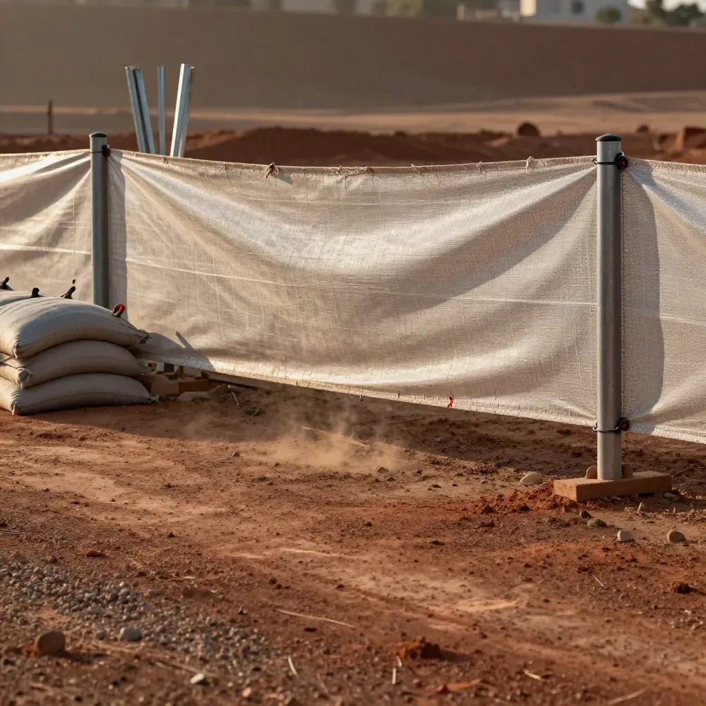 Mesh banner on a dusty jobsite at dusk with sandbags and warm haze.