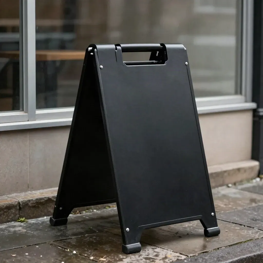 Half-open black A-frame sign on wet stone with a spare hinge pin in misty low light.