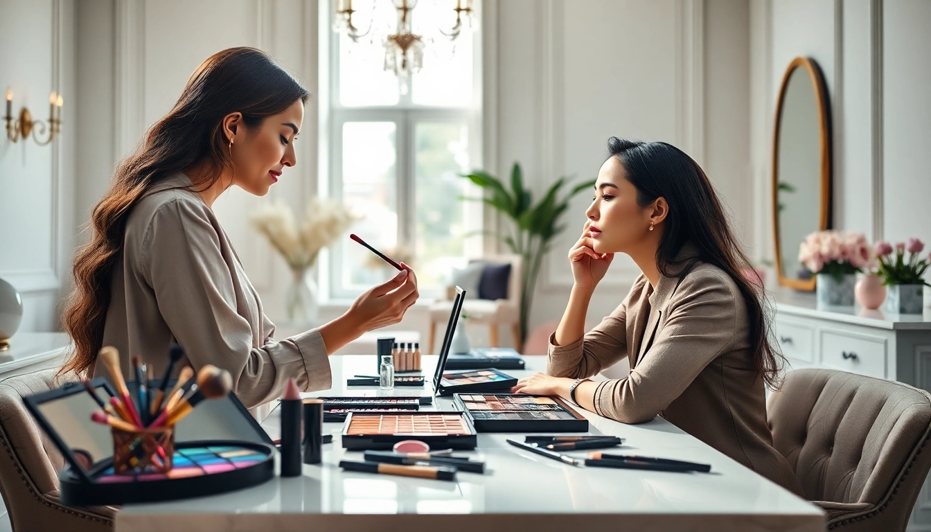 Annapolis makeup artist applying makeup professionally in a chic studio setting.