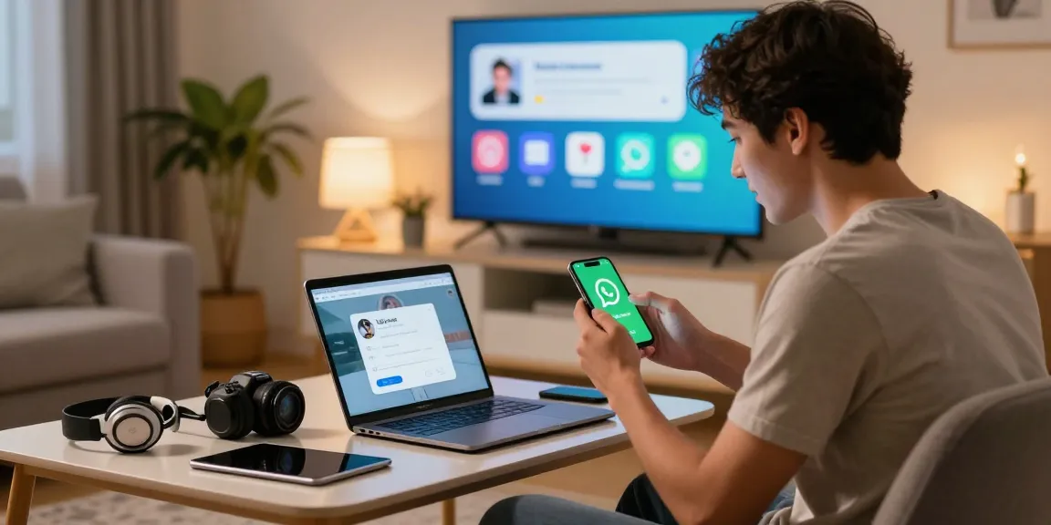 Young adult excitedly using smartphone for WhatsApp下載 in a cozy living room.