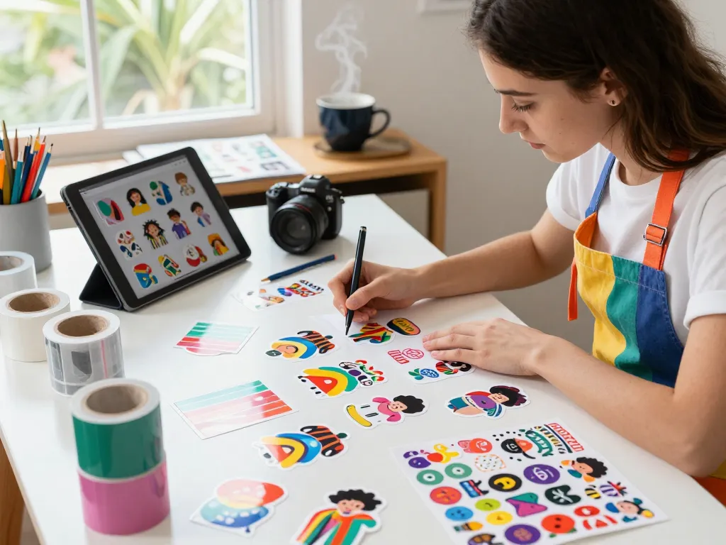 Creating custom stickers in a vibrant artist workspace filled with colorful materials and designs.