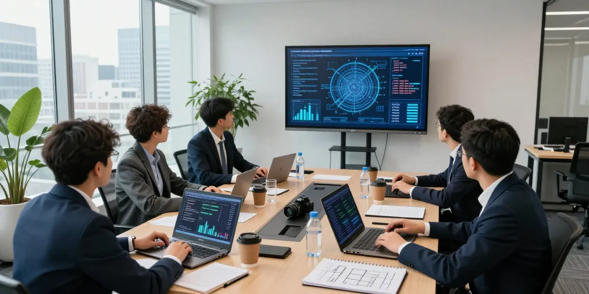 Team analyzing financial crime intelligence data in a modern office setting with digital displays and collaborative atmosphere.