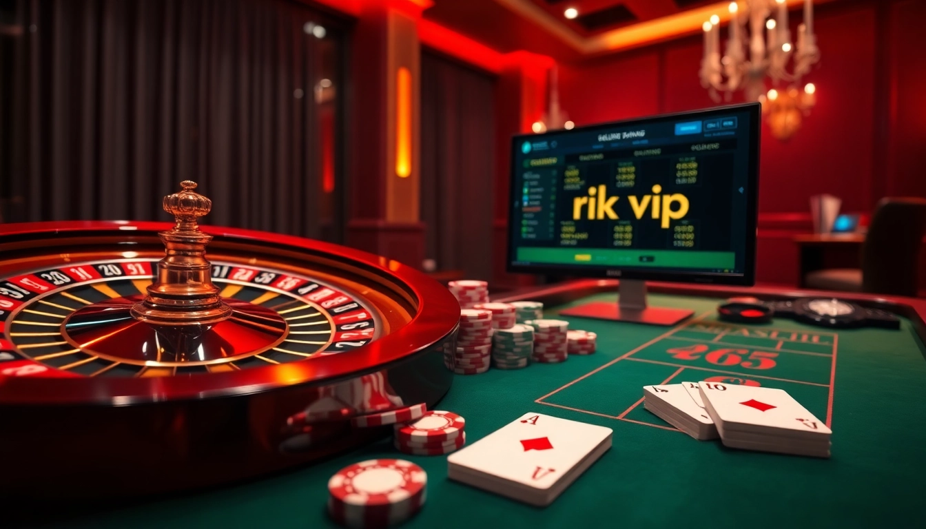 Engaging online casino scene featuring rik vip gaming elements with roulette wheel and poker chips.