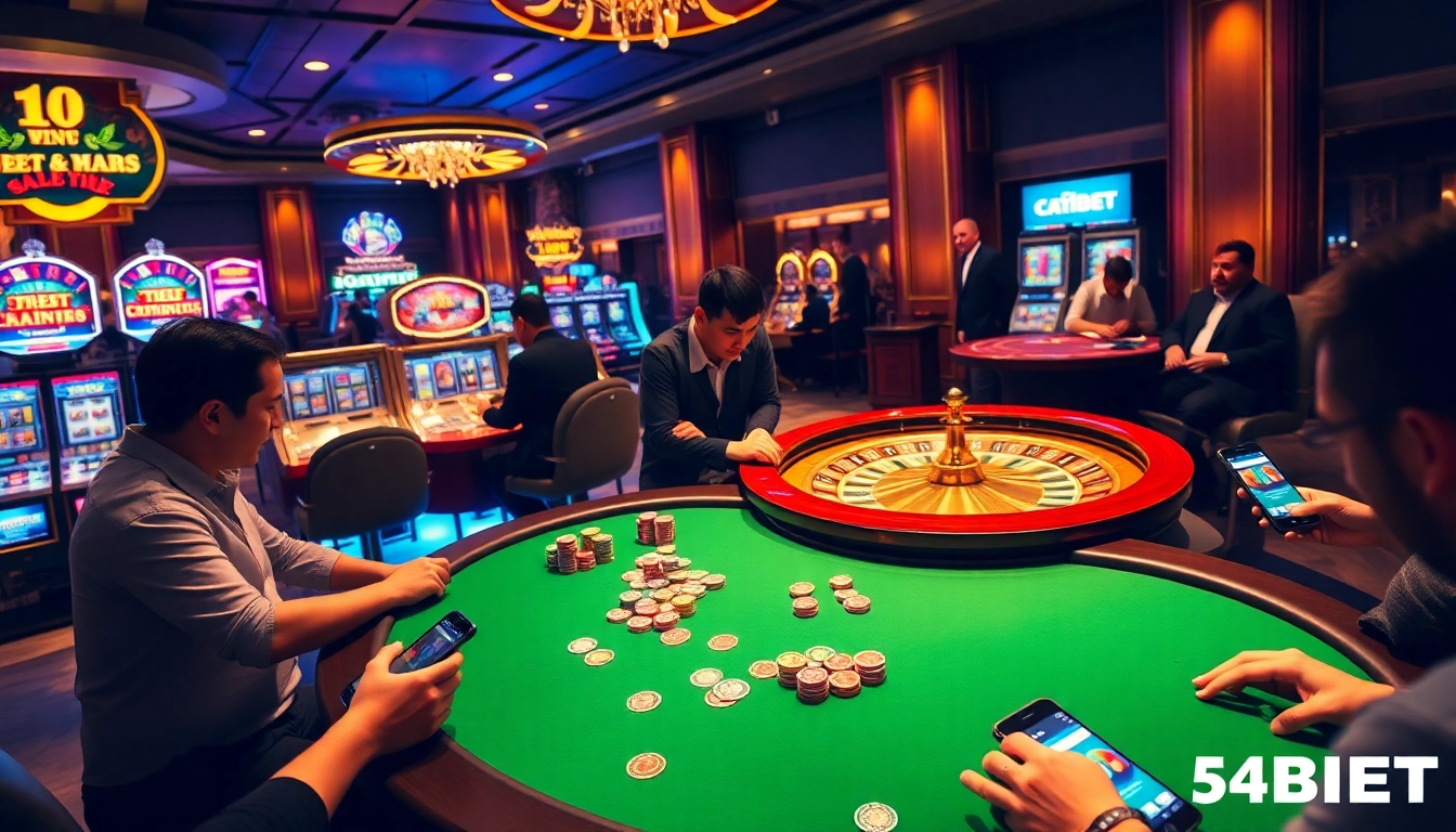 Players engaging in high-stakes poker at 54BET casino, surrounded by colorful chips and slot machines.