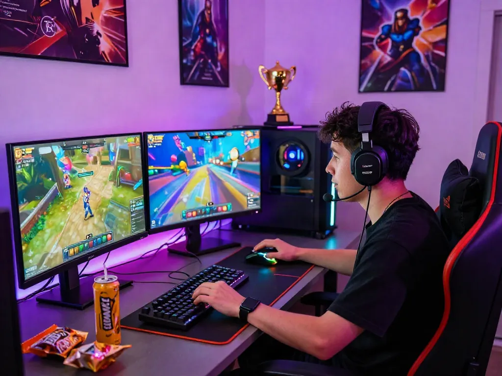 Gamer immersed in online games at DJARUMBOS platform with vibrant setup.