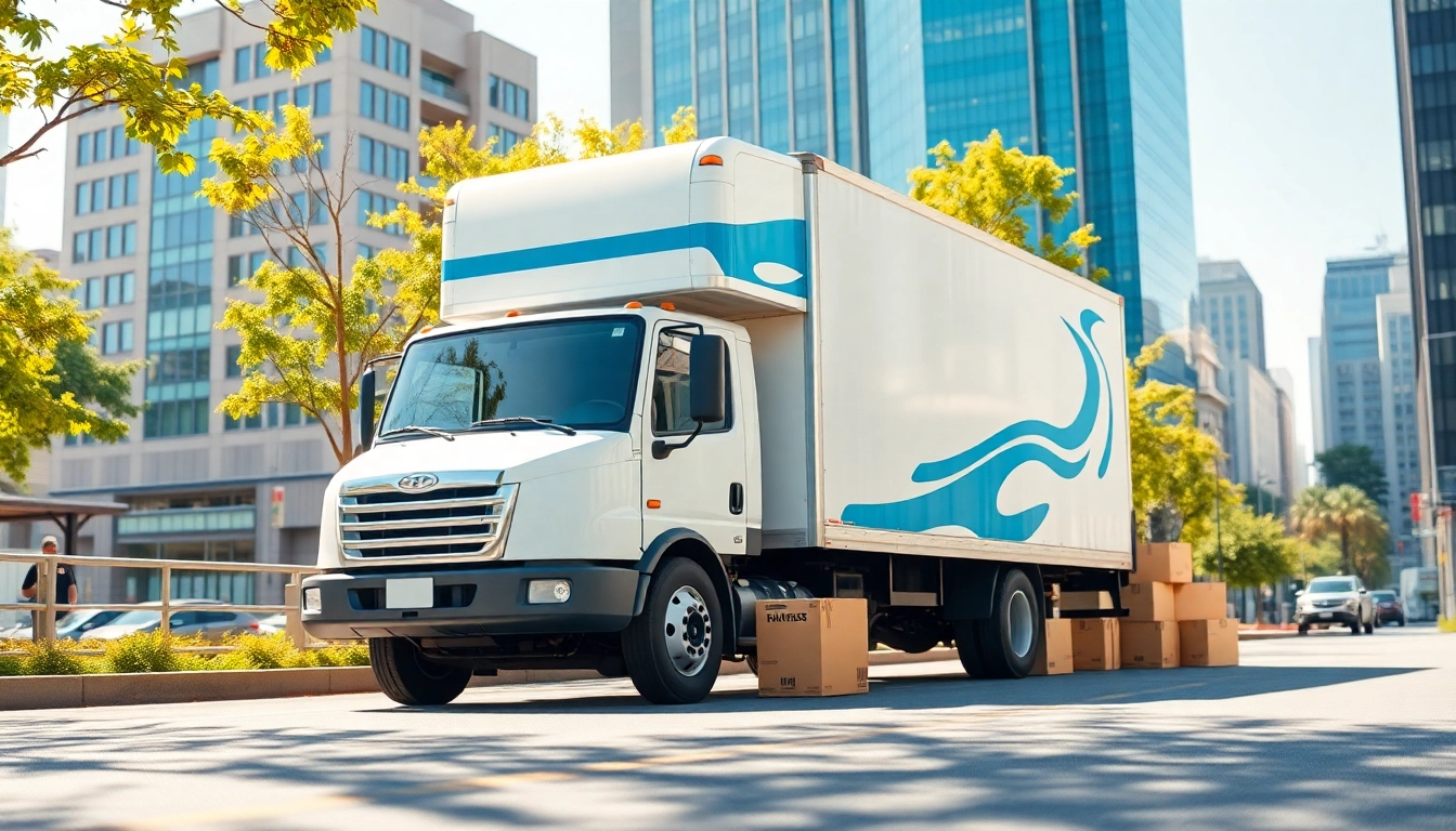 Efficient moving company Canada truck preparing for relocation in a lively urban environment.