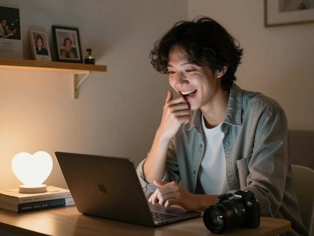 Engaging moment with an AI girlfriend in a cozy setting, showcasing modern love technology.
