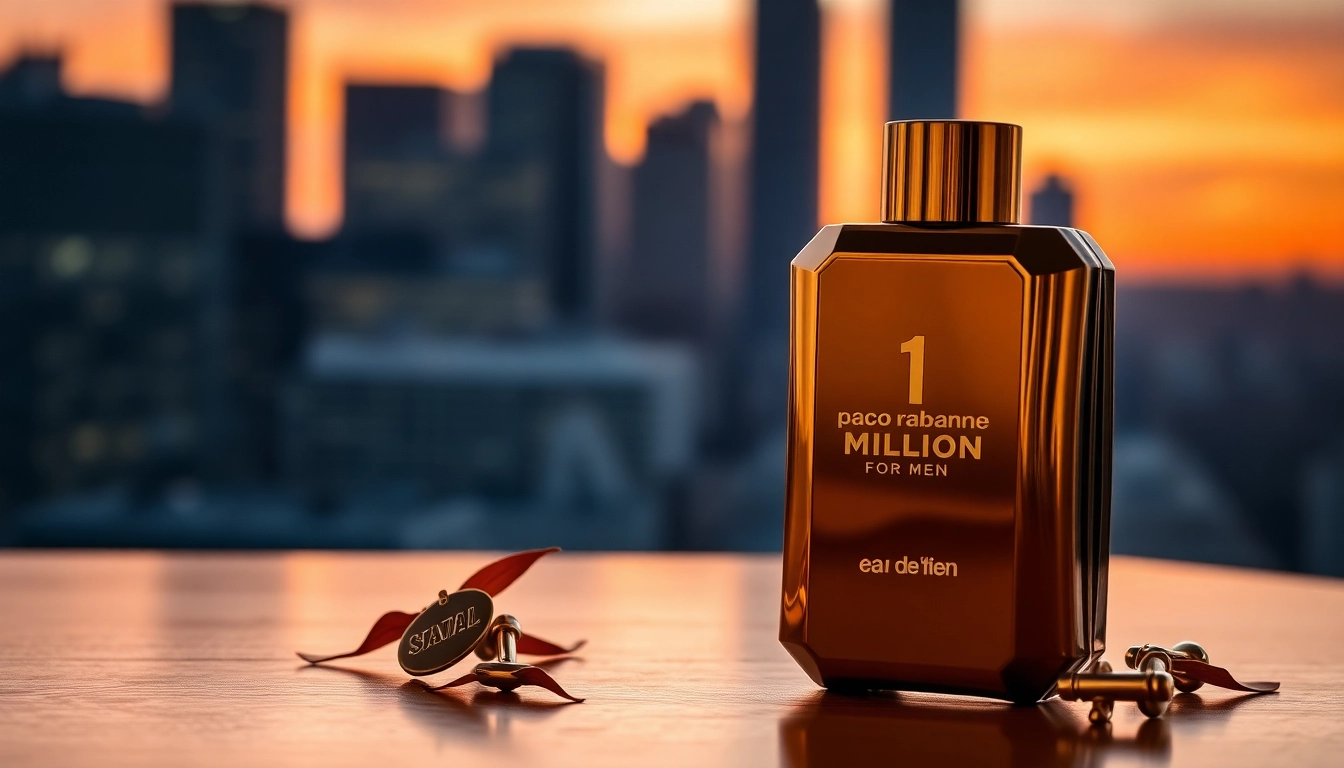 Displaying paco rabanne 1 million for men eau de toilette in an elegant setting with a blurred skyline.