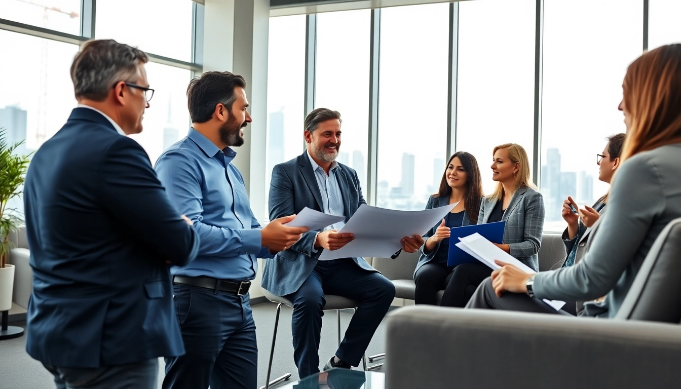 Engaged professionals in construction advocacy discussions in a modern office setting.