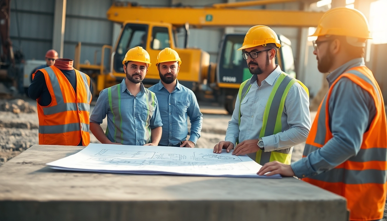 Ensuring construction labor compliance at a site with workers and blueprints.
