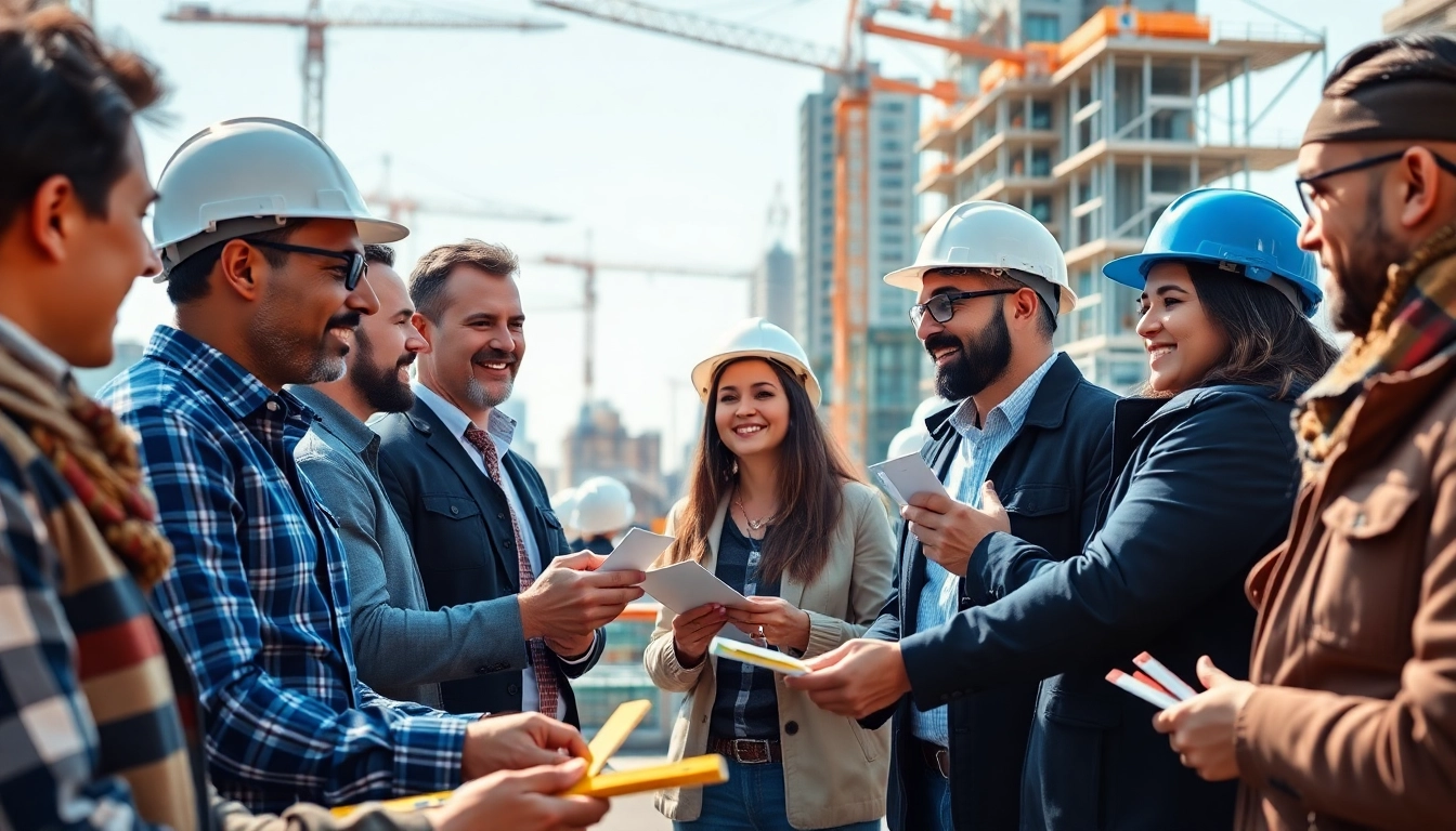 Engaged professionals at construction networking events exchanging ideas and business cards.
