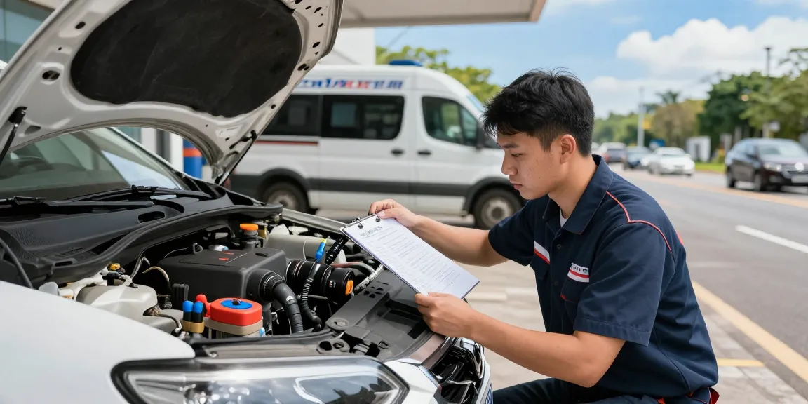 Technician performing service for diesel in petrol car on roadside with tools and branded vehicle.