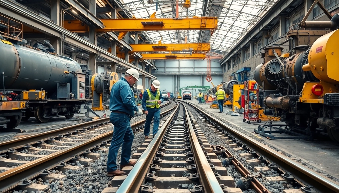 Technicians performing derailment repairs in a busy railway workshop with tools and machinery.