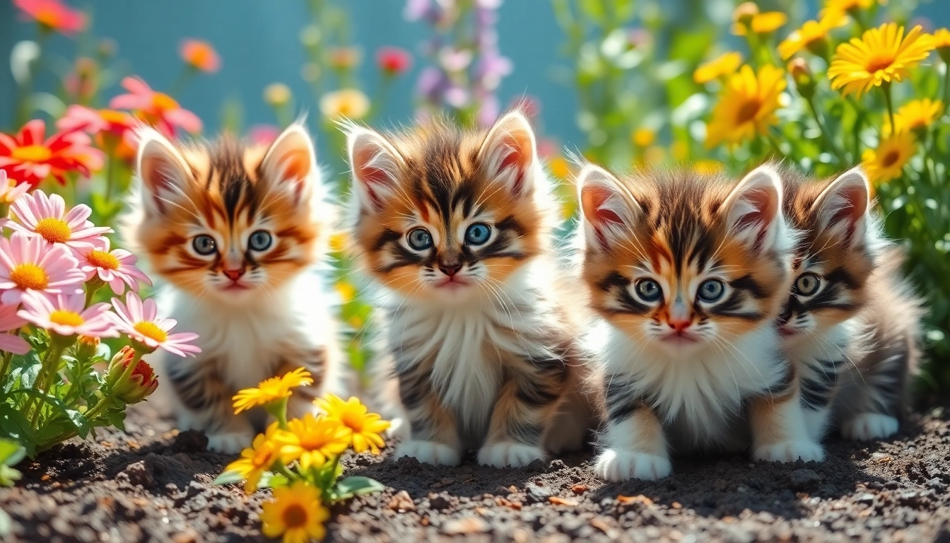 Maine Coon kittens for sale playing in a vibrant garden setting with colorful flowers.