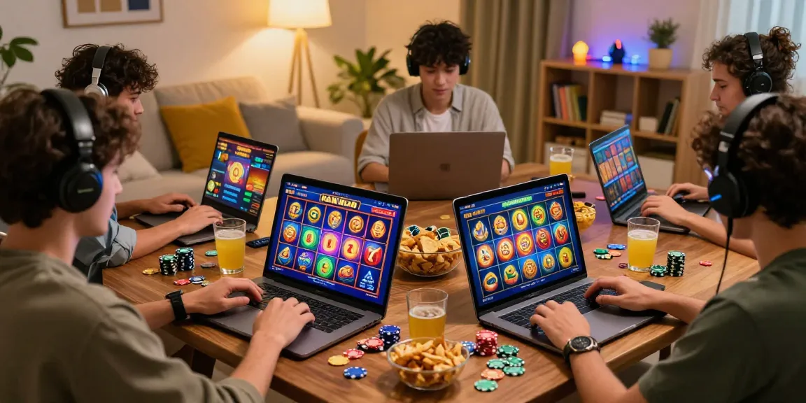 Engaging players enjoying slot kamboja games in a cozy home environment, showcasing vibrant graphics and excitement.