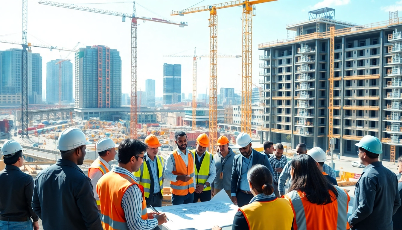 Engaging scene of a construction network association meeting at an active site, showcasing collaboration.