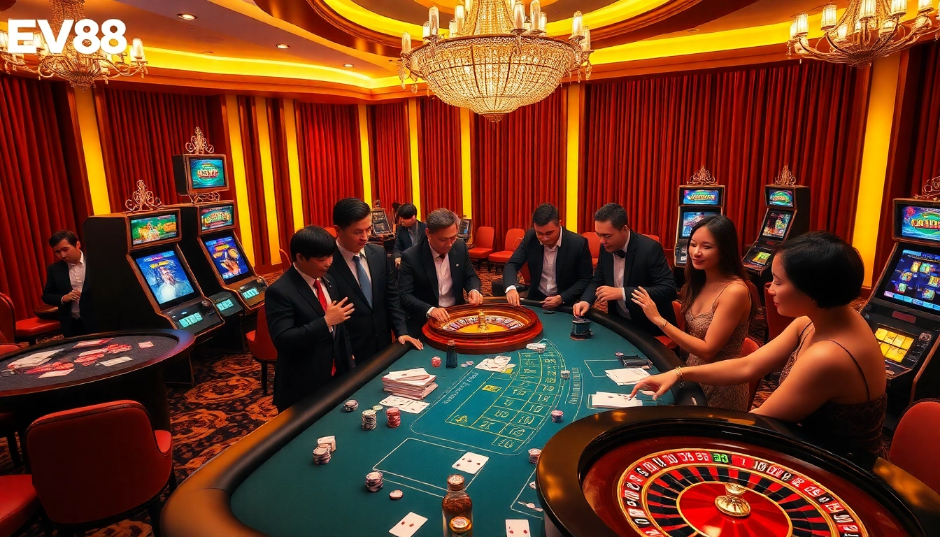 Experience high-stakes action at EV88's luxurious casino with vibrant games and engaging players.