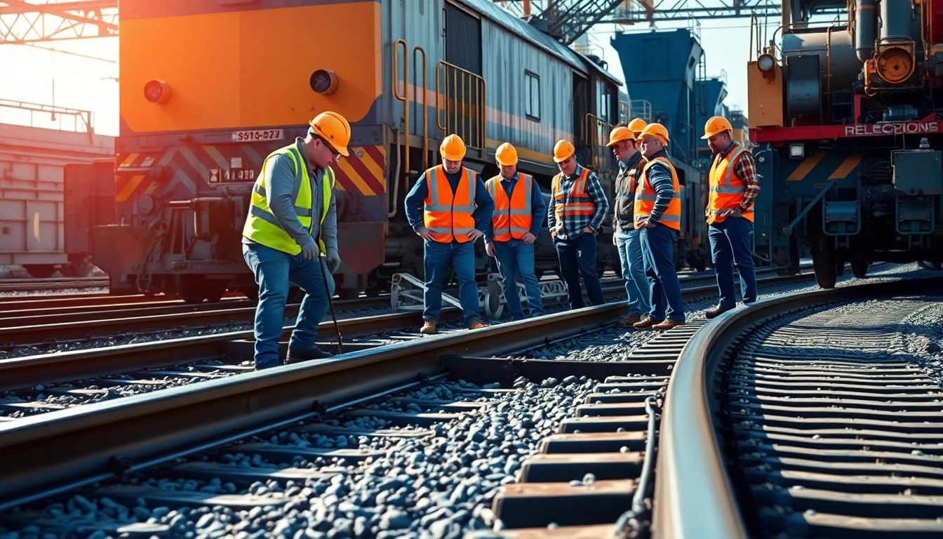Workers conducting derailment repairs on railway tracks with safety gear and machinery in action.