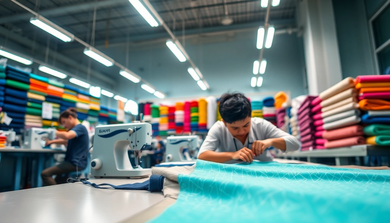 Skilled workers at Clothing Suppliers China stitching vibrant shorts in a dynamic manufacturing setting.