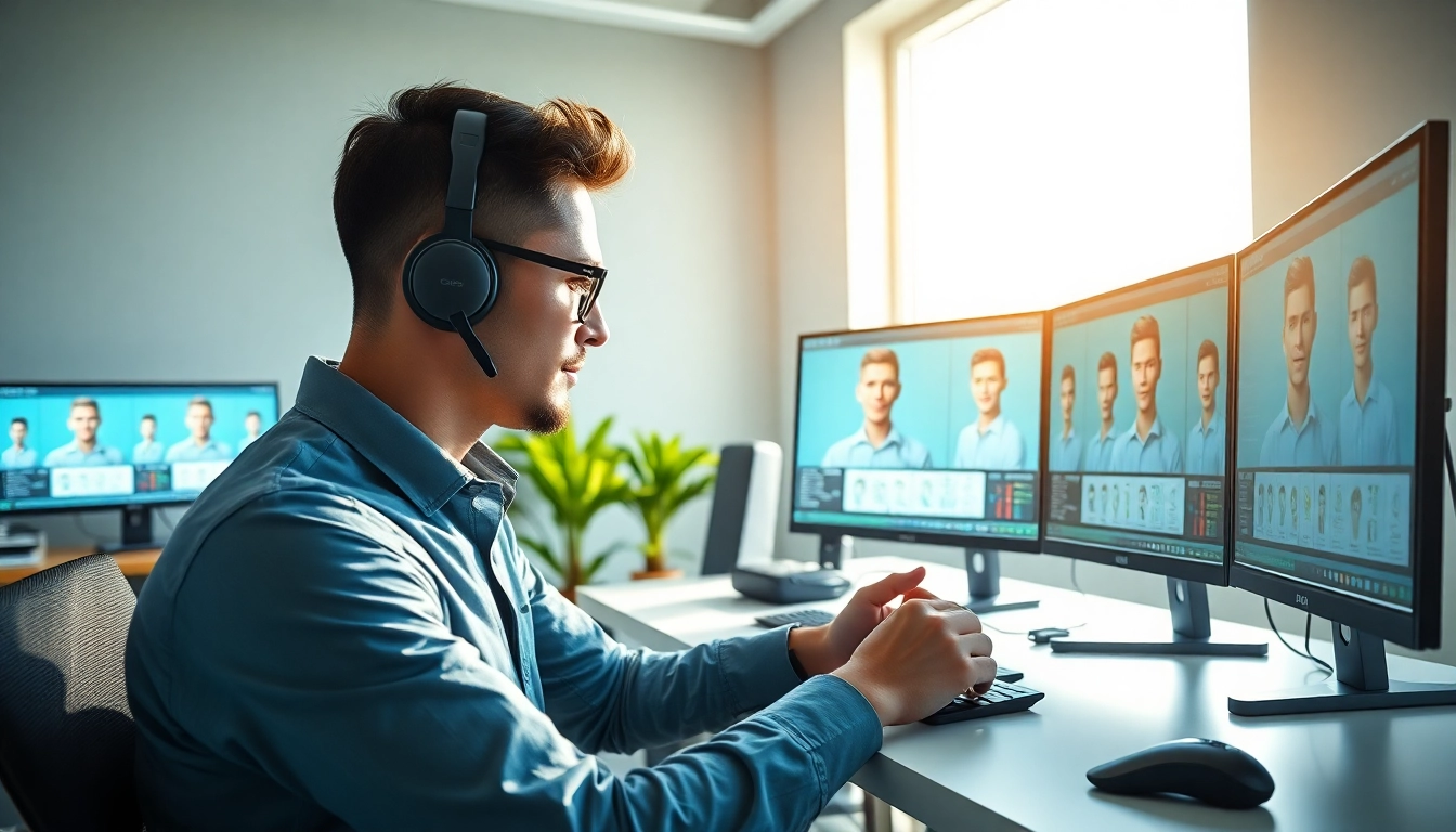 Create an engaging ai avatar at a modern workstation, showcasing digital creativity.