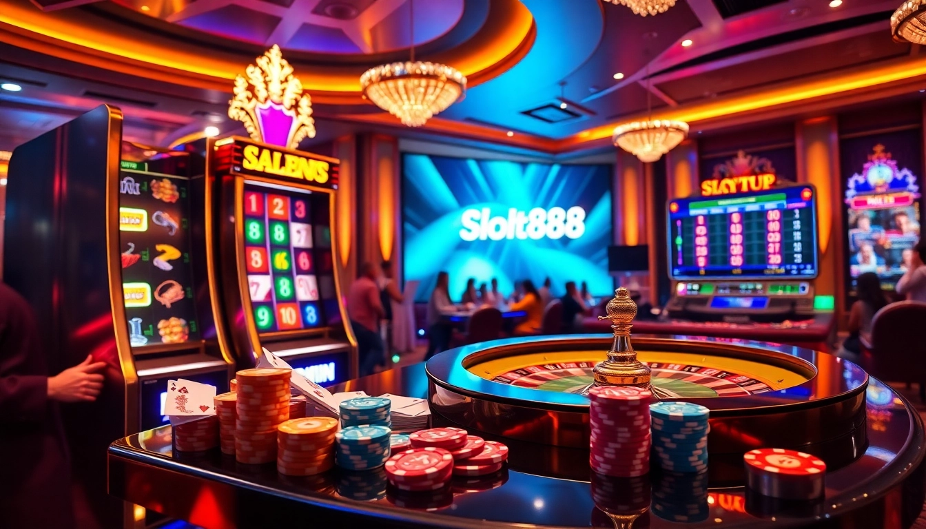 Players enjoying the thrilling atmosphere of a slot machine with slot88 rtp displayed prominently.