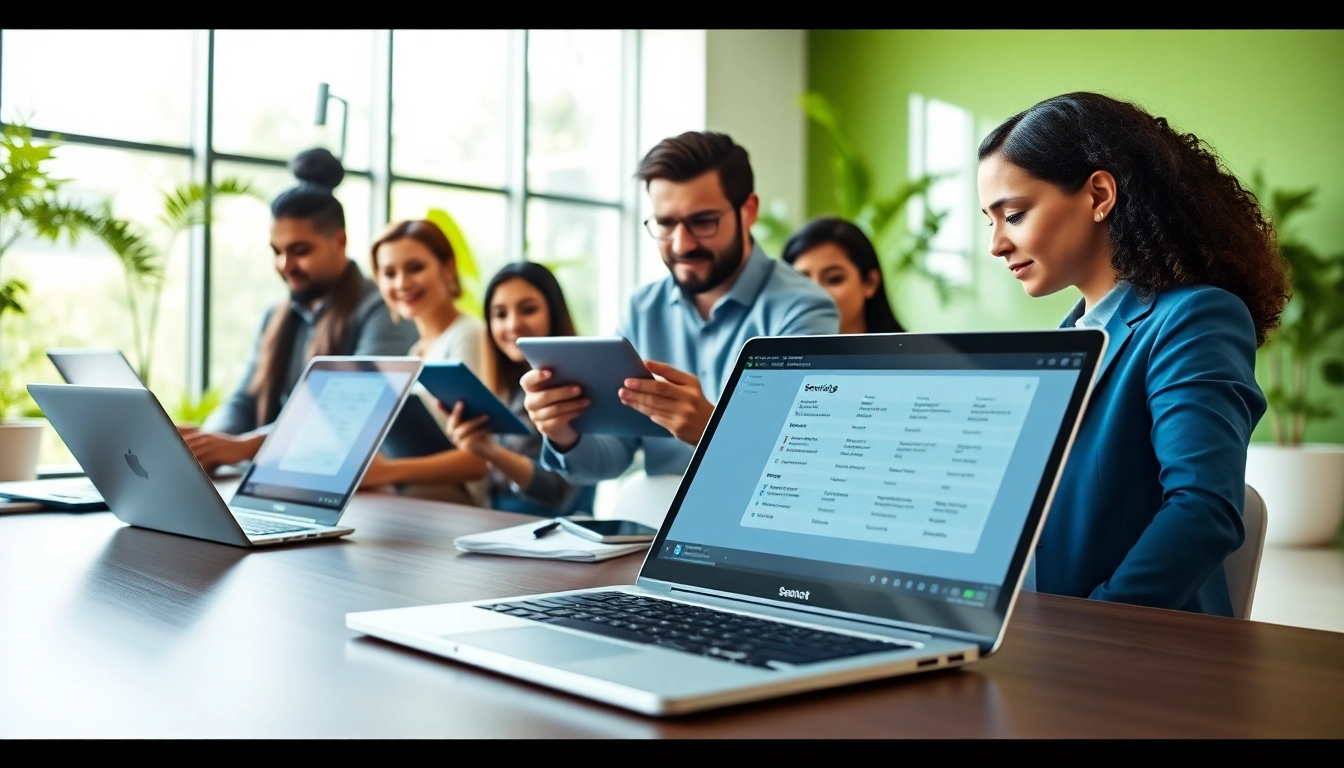 Engaging professionals using enterprise search solutions in a modern office setting.
