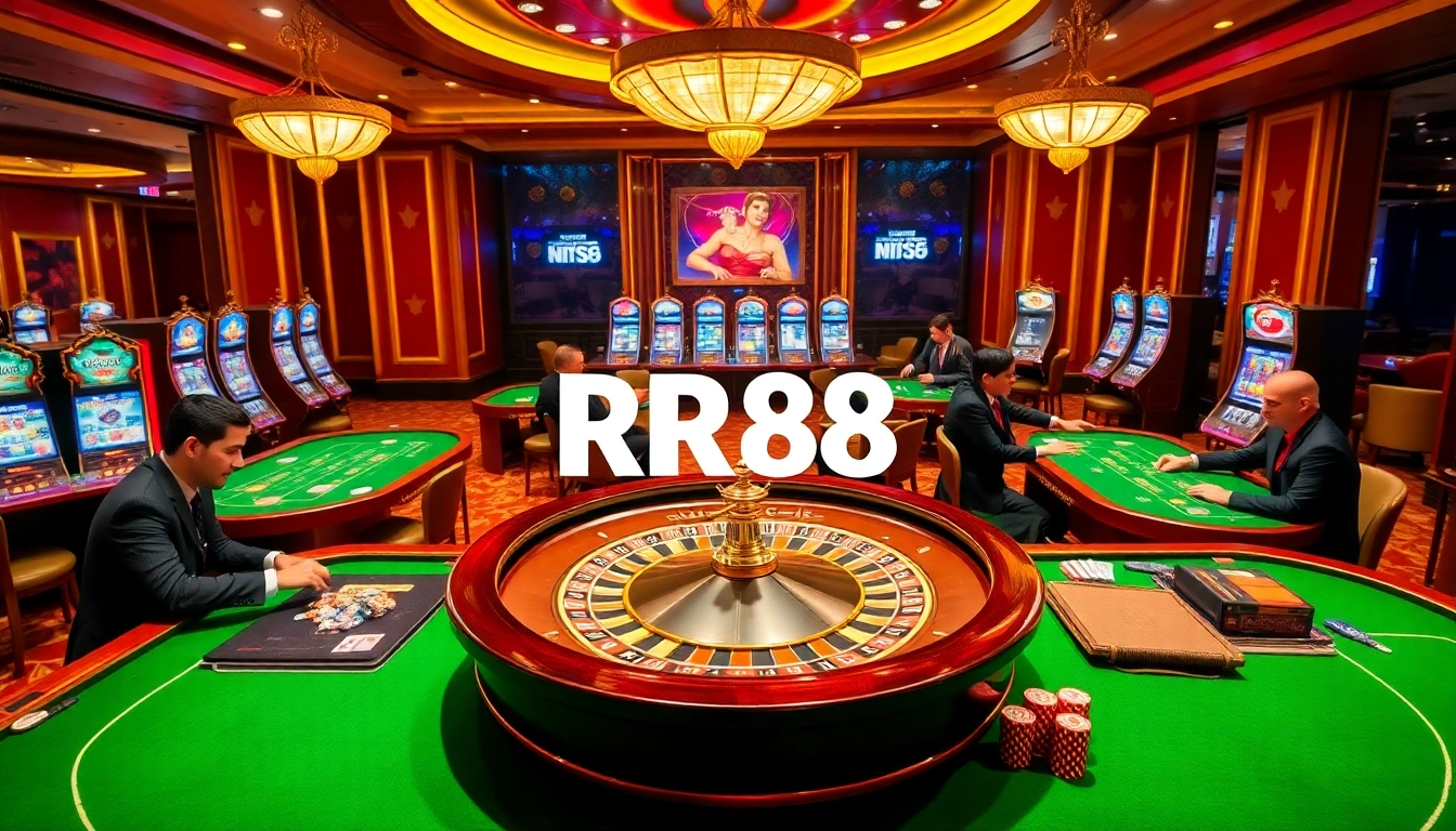 RR88 players enjoying a thrilling casino experience with roulette and slot machines.