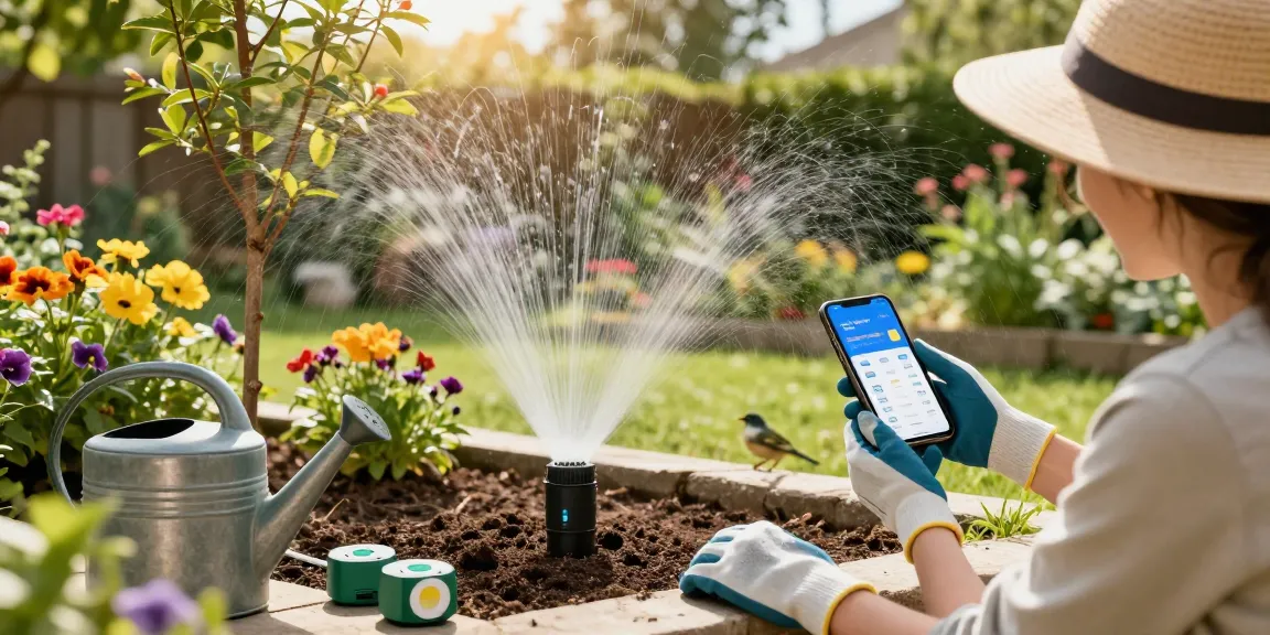 Enthusiastic gardener setting up the rainpoint sprinkler timer in a vibrant garden with flowers and trees