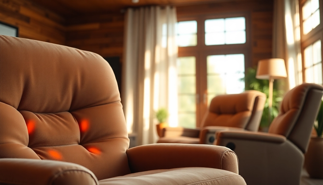 Cozy heated lift chairs with plush upholstery in a warm living room setting.