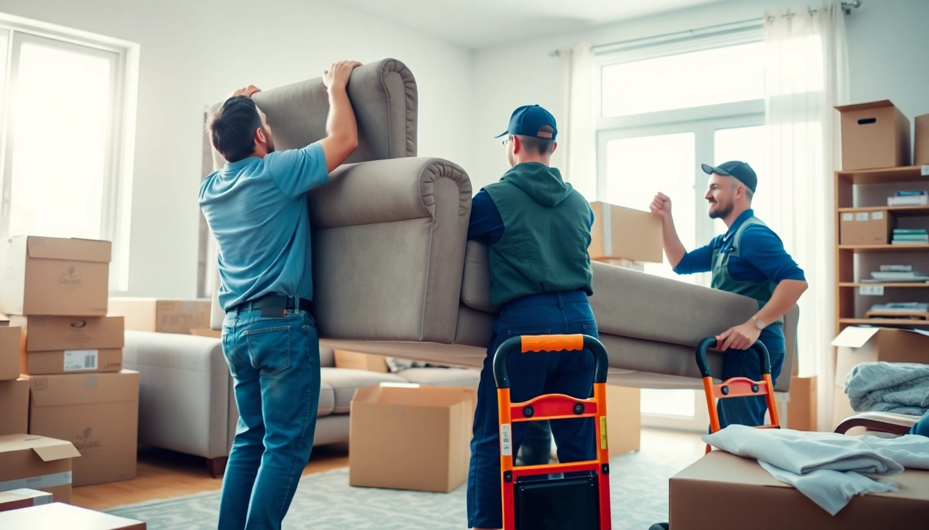 Moving companies calgary professionals efficiently lifting a sofa amidst packed boxes.