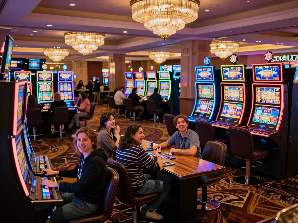 Players engaging with vibrant slot machines amidst a colorful casino environment