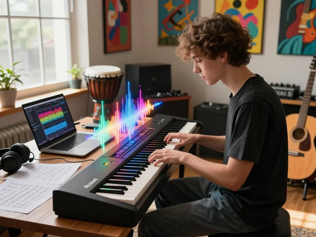 A musician playing the Roland GO 88 piano in a vibrant music studio, surrounded by instruments and creative elements.