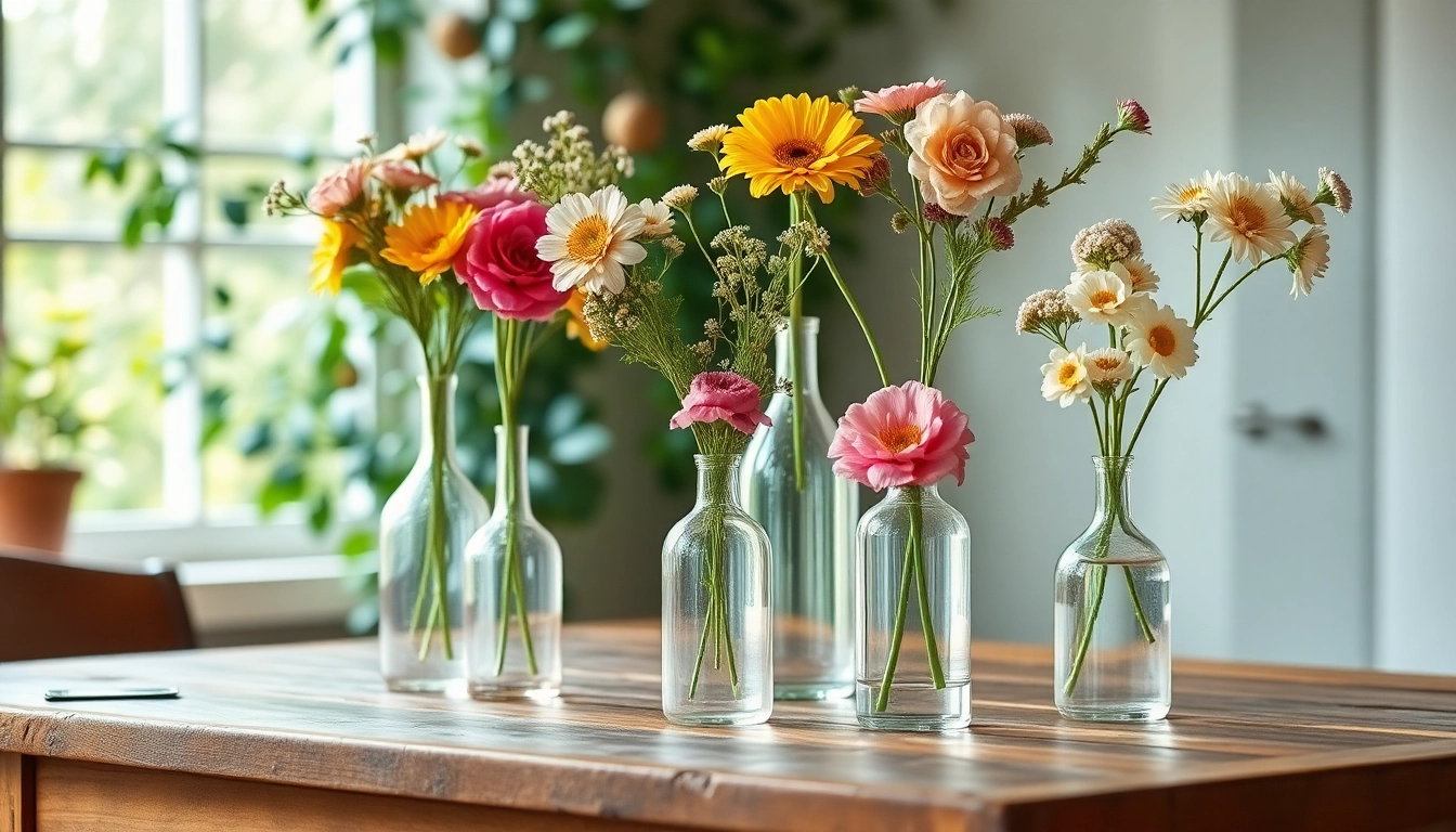 Stylish bud vases with seasonal flowers arranged beautifully on a rustic table.