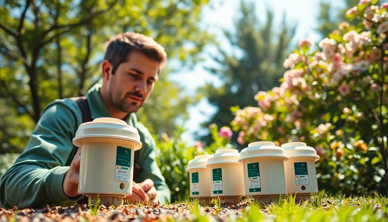 Inspecting a termite bait system service with detailed focus on bait stations and a pest control expert.