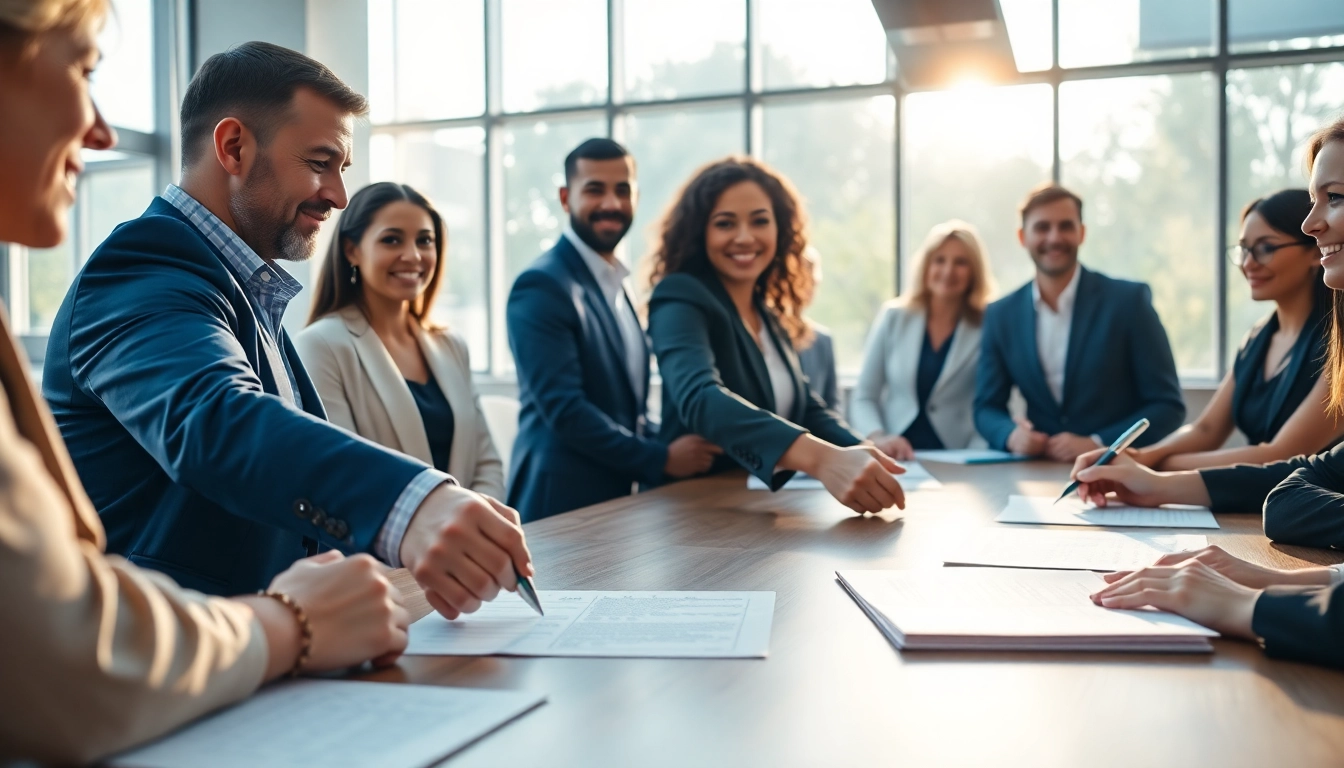 Signing contracts and grants with a diverse team in a modern office setting.