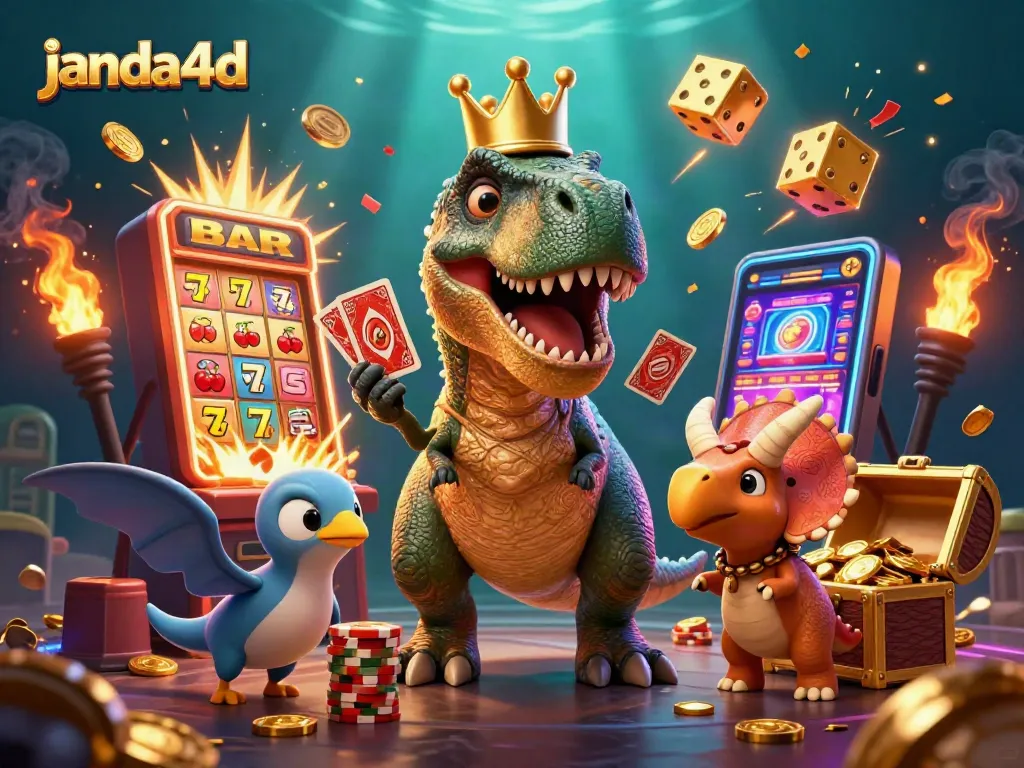 JANDA4D dengan karakter lucu bermain kartu sambil bersenang-senang di kasino virtual.