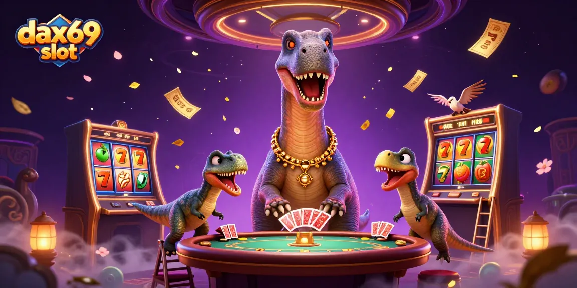 Melihat fitur pengali besar di dax69 slot dengan karakter unik dalam suasana kasino yang meriah.