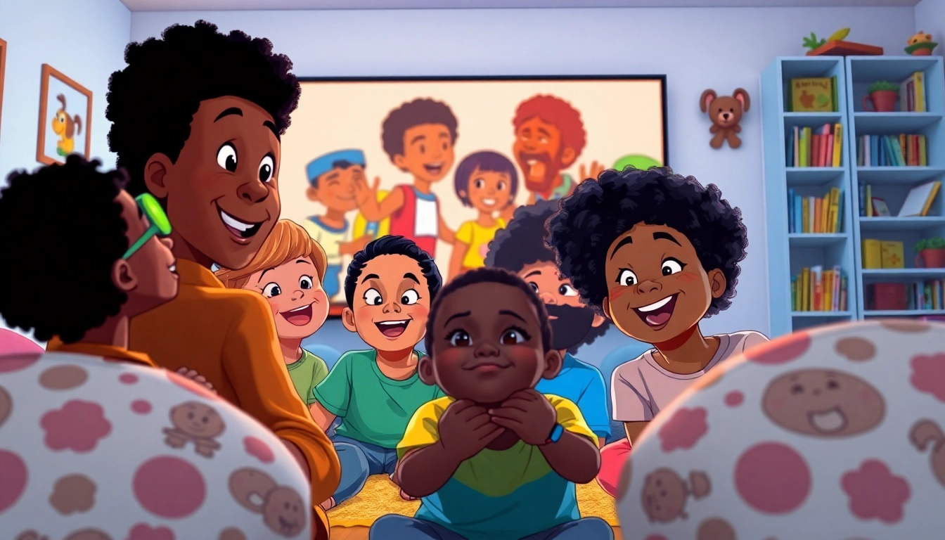 A colorful scene of children watching African American cartoons like The Boondocks, highlighting diversity and joy.