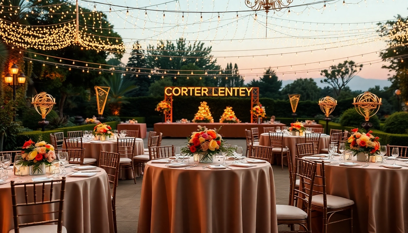 Set up for Event Rentals featuring elegantly arranged tables and chairs in a garden setting.