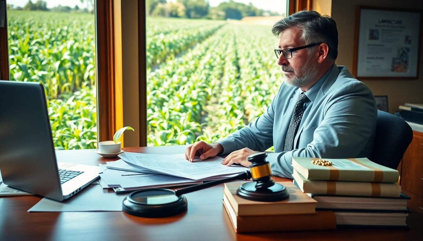 Engaged agriculture lawyer reviewing legal documents for farming clients.