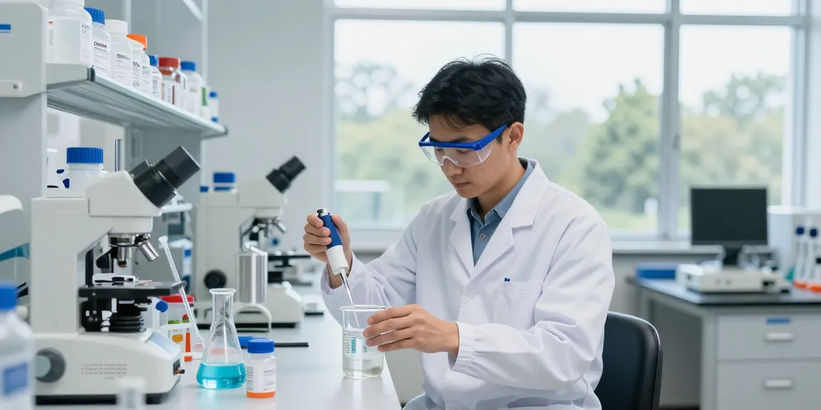 Ozon Chemical laboratory scene with chemist measuring high-quality reagents, showcasing professionalism and precision in safety standards.