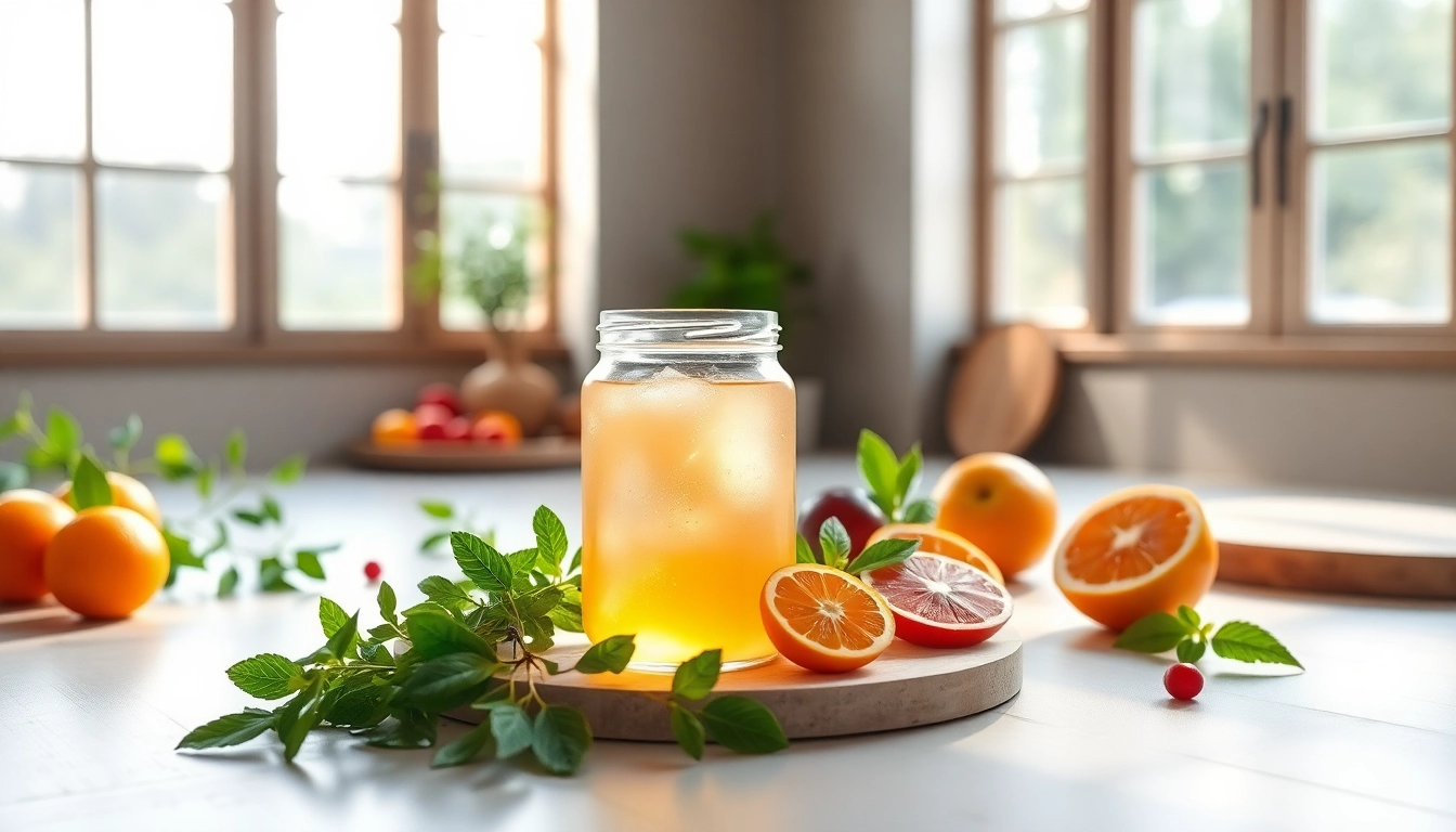 Depicting the Glow Blend, a clear jar surrounded by vibrant fruits and herbs in a natural setting.