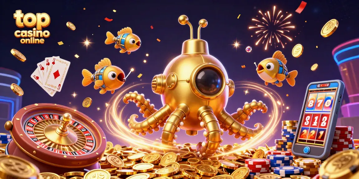 Joacă-te la top casino online cu o ilustrație 3D vibrantă, plină de aur și jocuri.