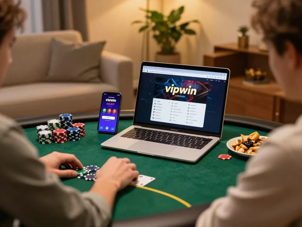 Engaging poker experience on vipwin platform with snacks and vibrant chips at home.