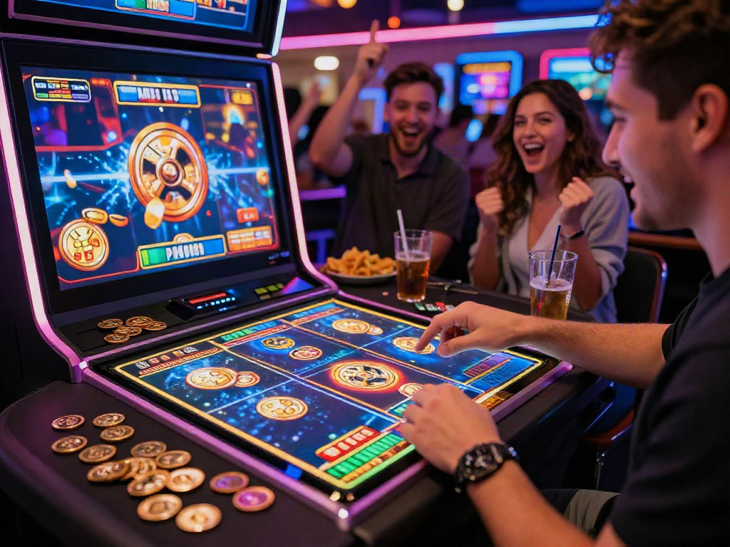 Player experiencing a thrilling slot bonus game with colorful graphics and excited friends cheering in the casino.