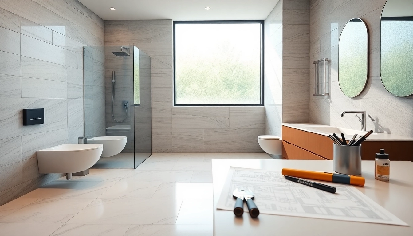 View of bathroom contractors near me working on a stylish modern bathroom design.
